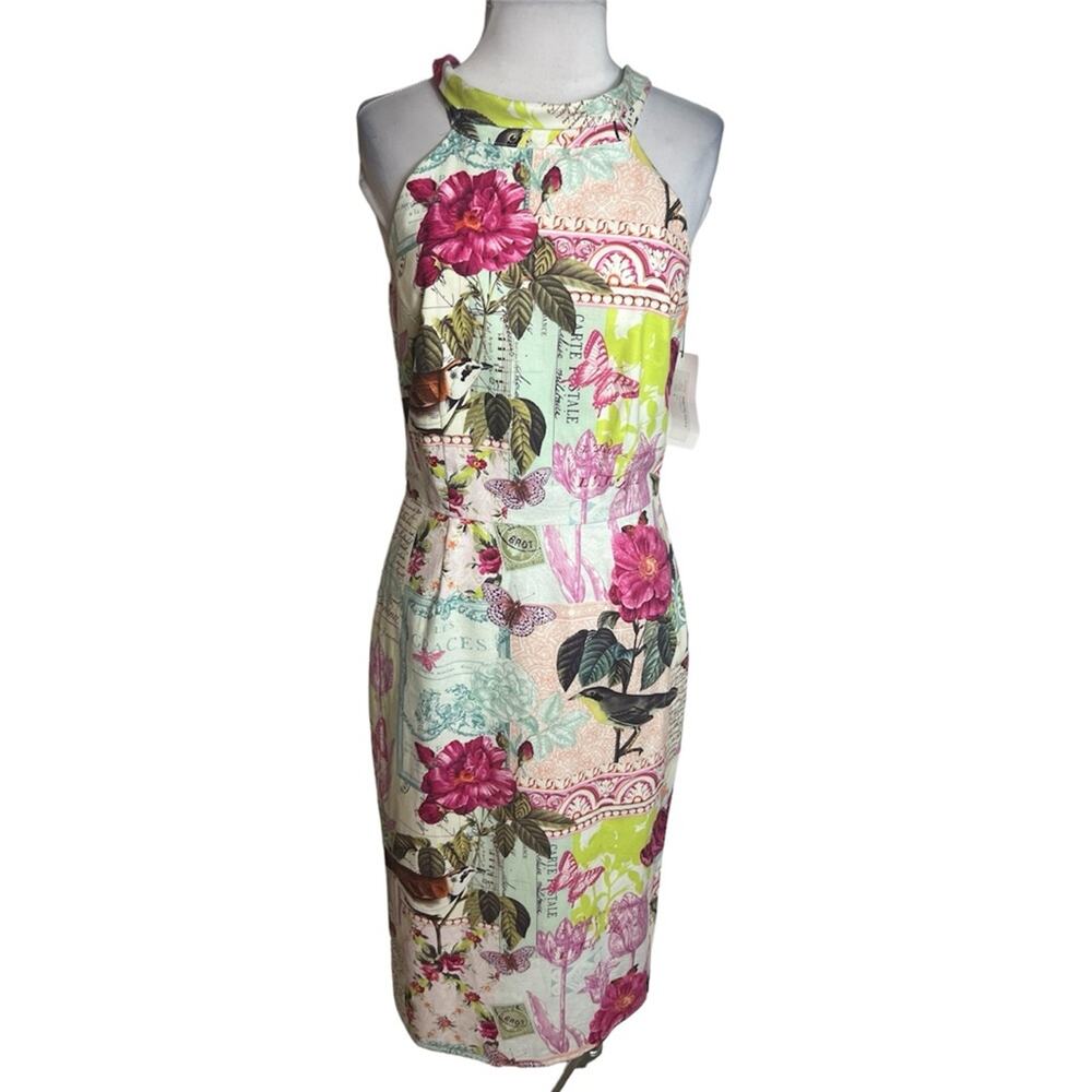 NWT Siri San Francisco postcard bird‎ floral print dress Sz 4 bea